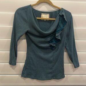 Deletta (Anthropologie) teal 3/4 sleeve blouse with lace ruffle